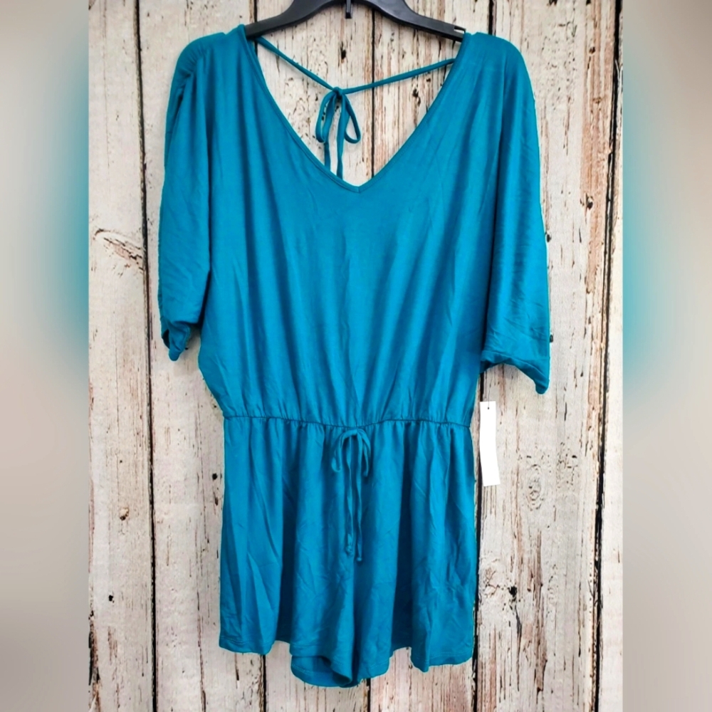 Tresics Women's Medium Teal Short-Sleeve Tie-Waist Romper Jumpsuit‎ Shorts NEW